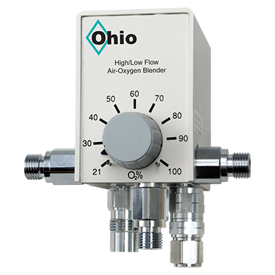 Ohio Medical High/Low Blender (Left, Right & Bottom Ports), Empty (left) & 15 L/min (right) DISS Flowmeter