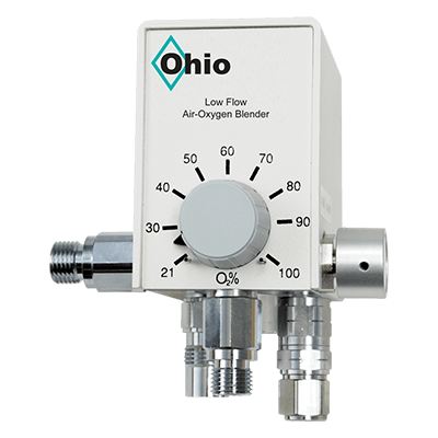 Ohio Medical Low Flow Blender with ON/OFF Bleed Knob, Left Port & Bottom Port, 1 L/min DISS Flowmeter