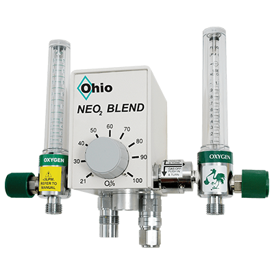 Ohio Medical NEO2 Blend with ON/OFF Bleed Switch & Flowmeters, 15 L/min (left) & 1 L/min (right) Flowmeters
