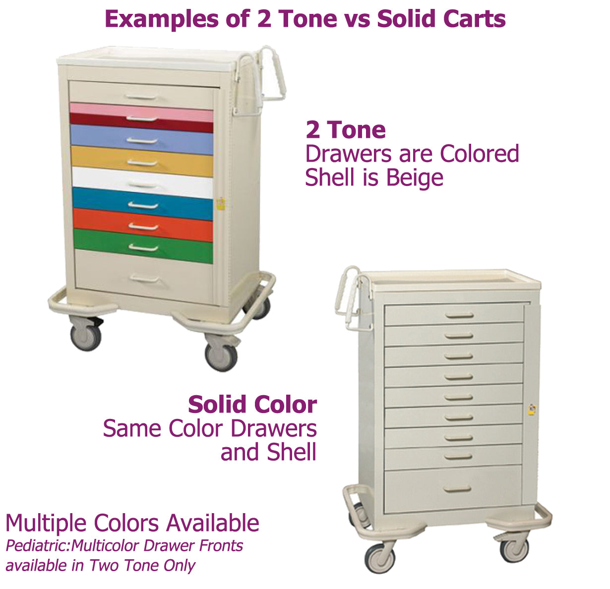 9 Drawer Medical Carts come in solid color and two tone options
